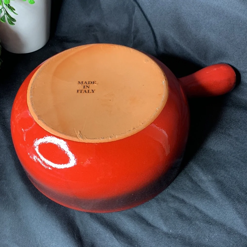 Large round Rustic red terracotta casserole dish with handle made in Italy